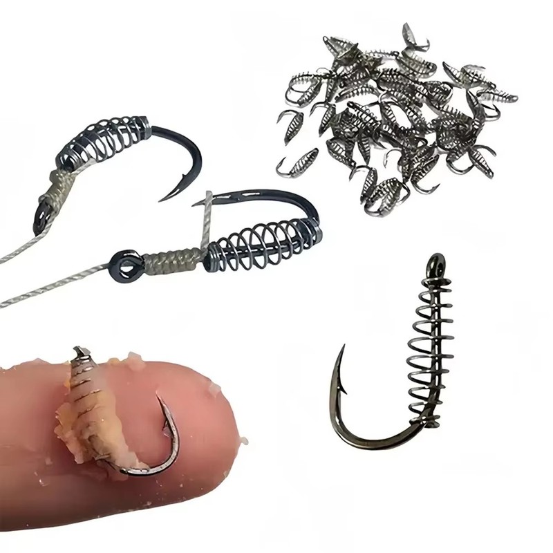 Fishing Hook Circle - 10-60個入り高炭素鋼スプリングフィッシュフック、バーブ付きスイベルカープエクスプロージョンフック、ジグフライフィッシングフック、釣りアクセサリー