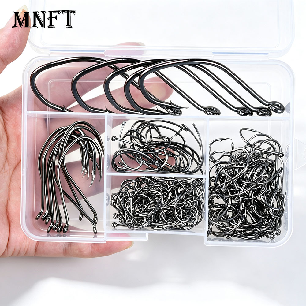 Fishing Hook Circle - 200個入りマルチサイズバーブ付き釣り針キット、高炭素鋼製サークルフック、海水・淡水・海釣り用ルアータックル